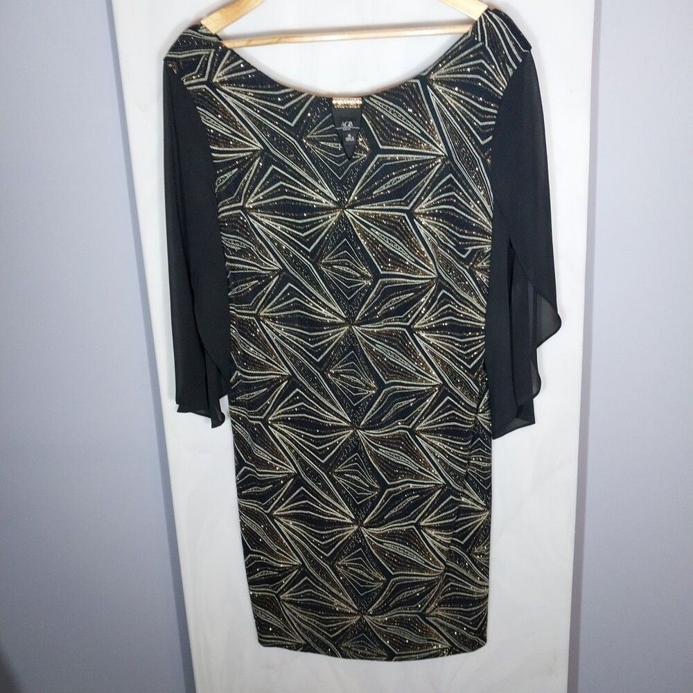 AGB Cocktail Dress 16 Black Gold Glitter Textured Flutter Sleeve Holiday Party